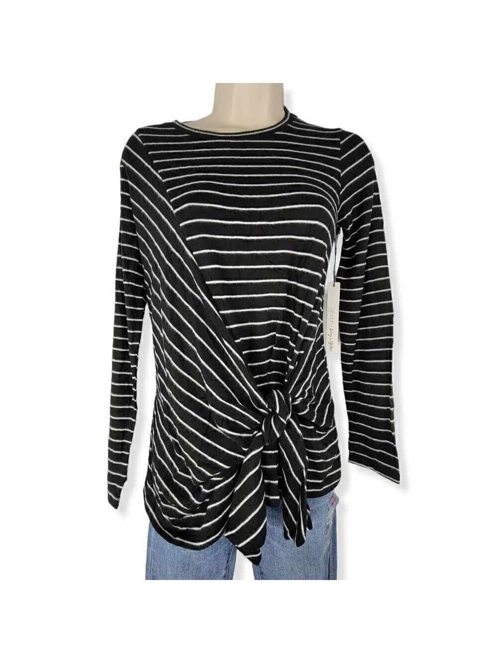 Gibson Striped Tie Front Fleece Sweater PXS
